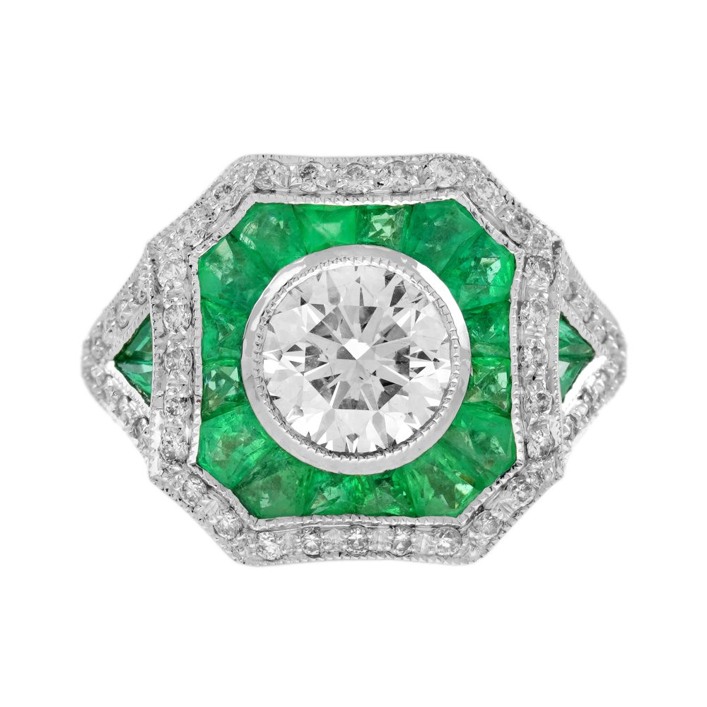 Diamond Emerald Art Deco Style Engagement Ring