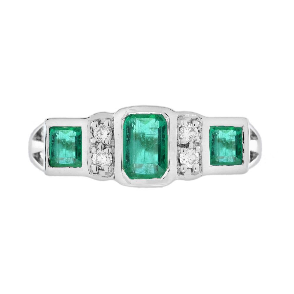 Emerald and Diamond Art Deco Style Three Stone Ring