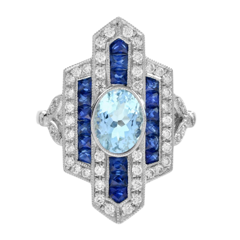 Aquamarine Sapphire Diamond Art Deco Style Dinner Ring