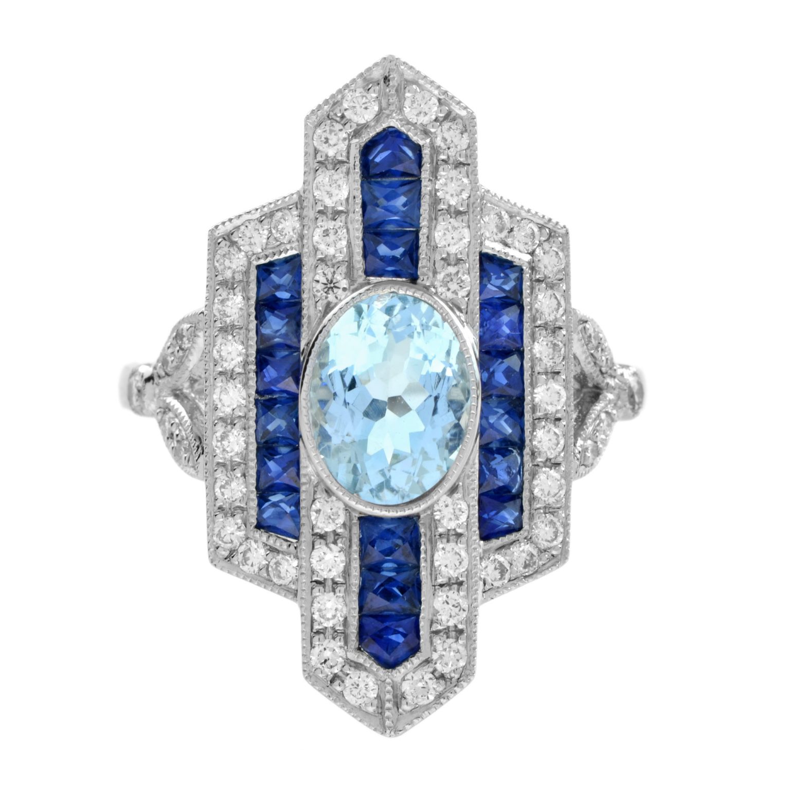 Aquamarine Sapphire Diamond Art Deco Style Dinner Ring
