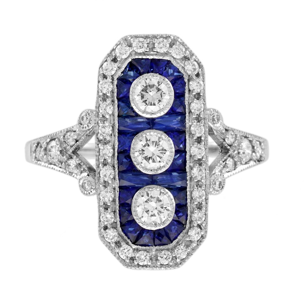 Diamond and Blue Sapphire Art Deco Style Three Stone Ring