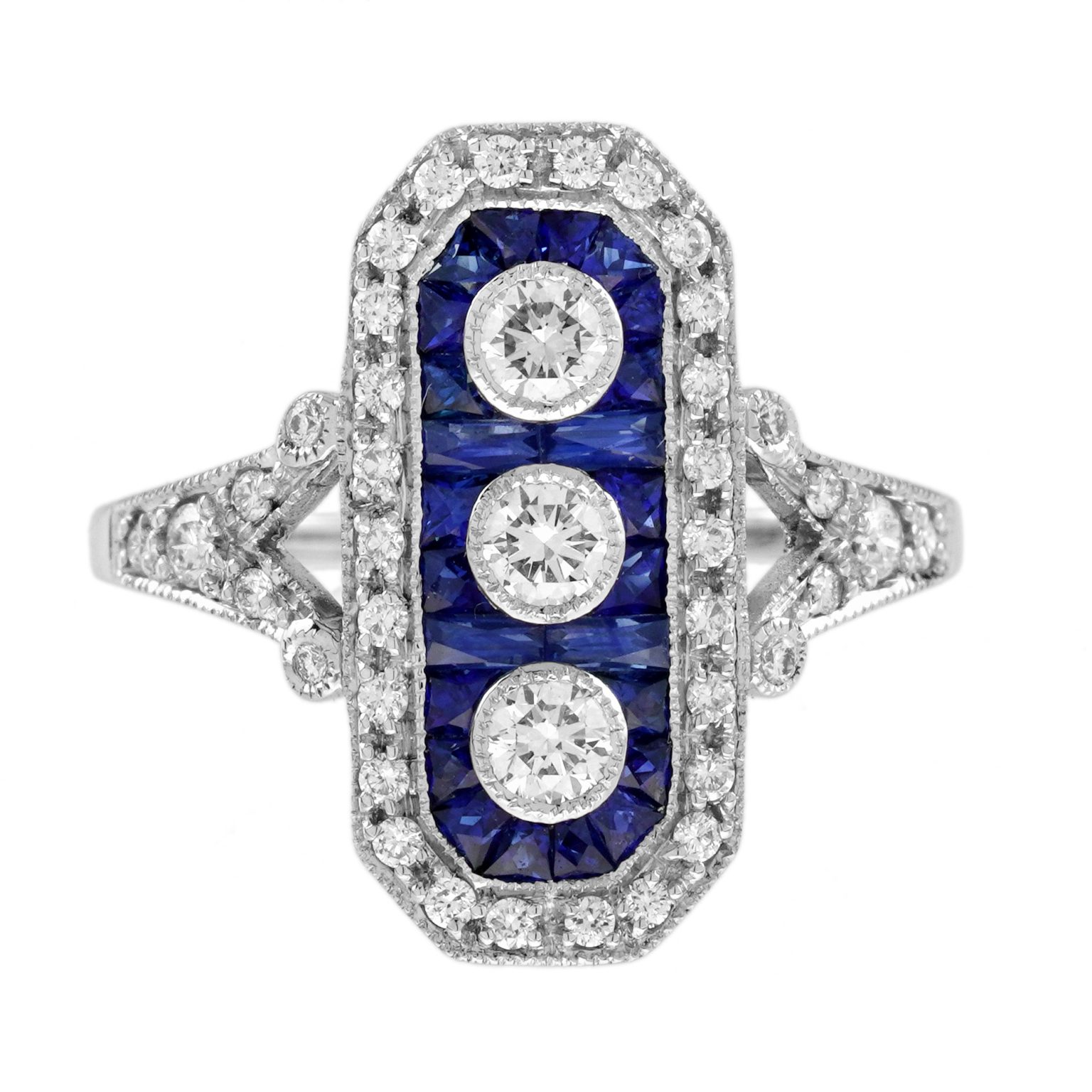 Diamond and Blue Sapphire Art Deco Style Three Stone Ring