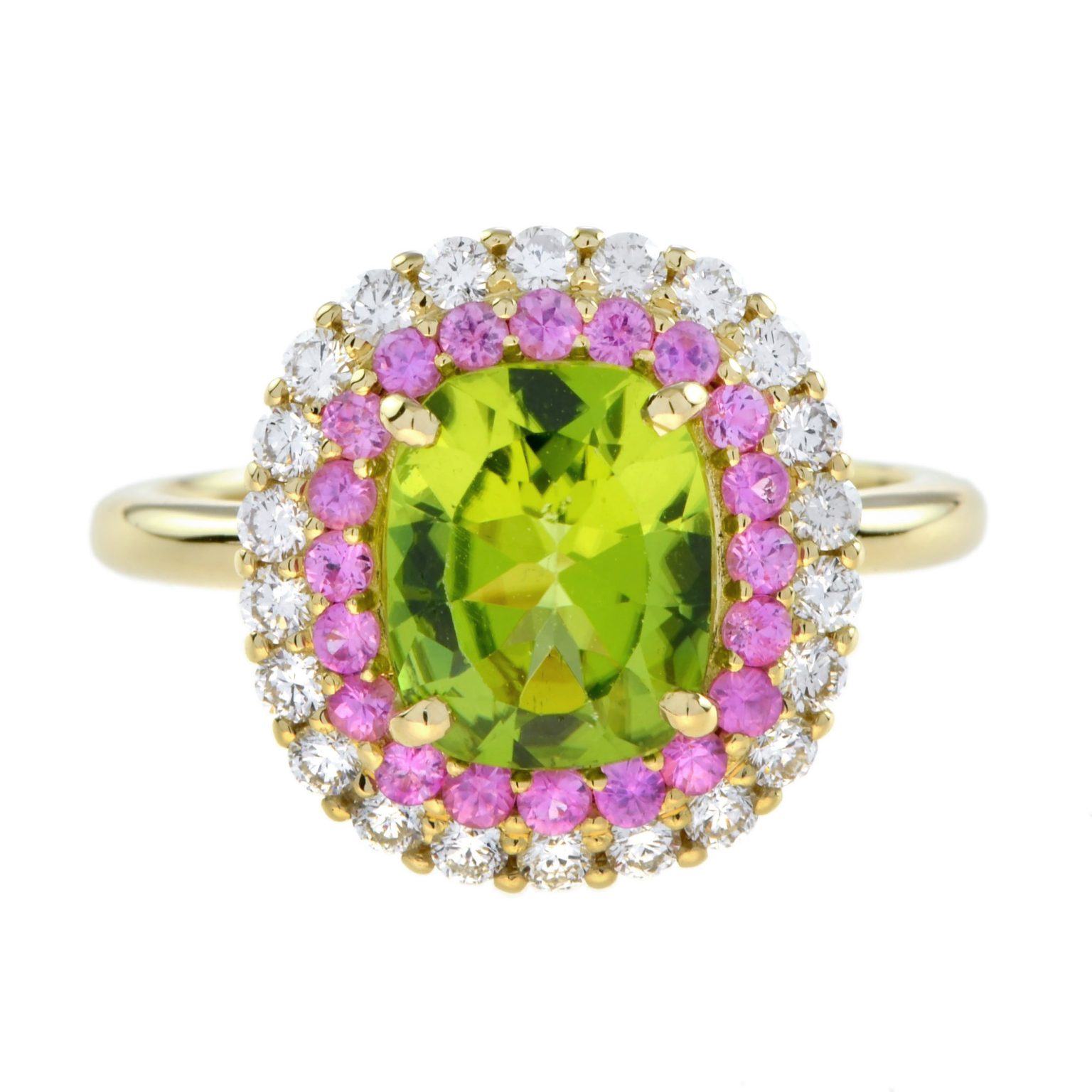 Peridot and Pink Sapphire Diamond Halo Ring