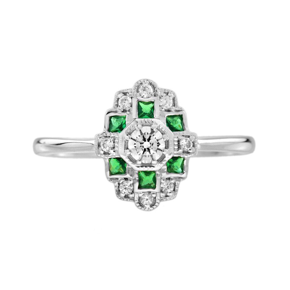 Diamond and Emerald Art Deco Style Halo Ring