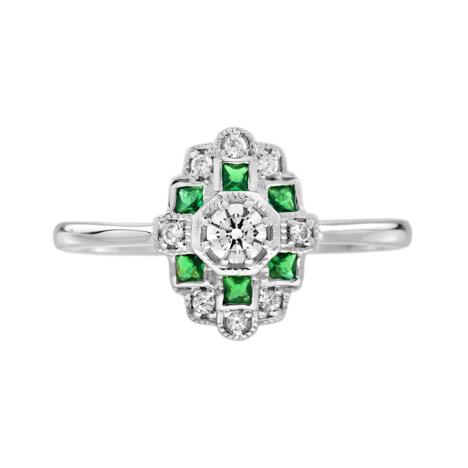 Diamond and Emerald Art Deco Style Halo Ring
