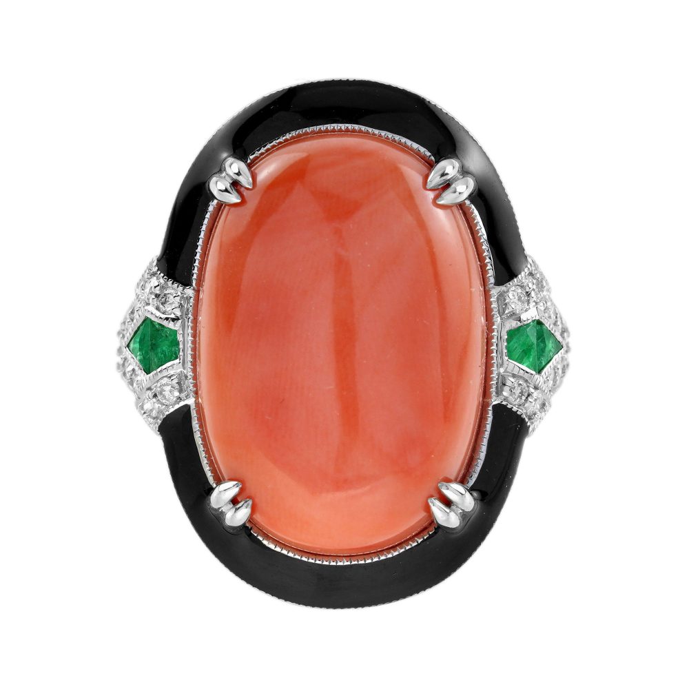 18.68 Ct. Coral Emerald Diamond Art Deco Style Cocktail Ring