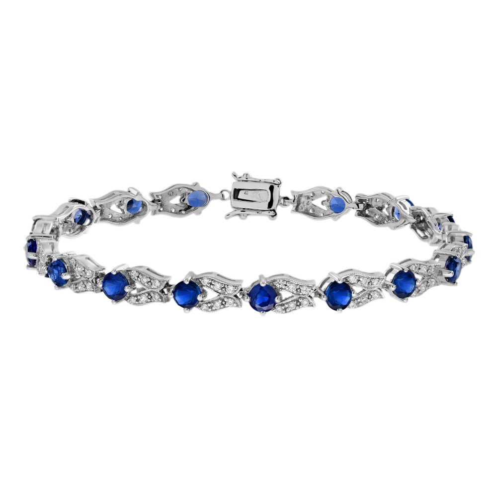 Blue Sapphire Diamond Antique Style Link Bracelet