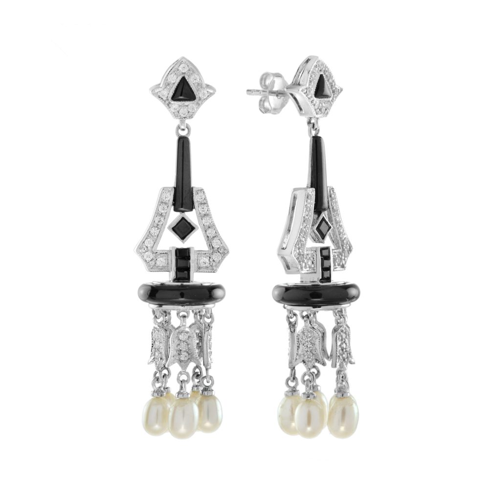 Onyx Diamond Pearl Art Deco Style Chandelier Earrings