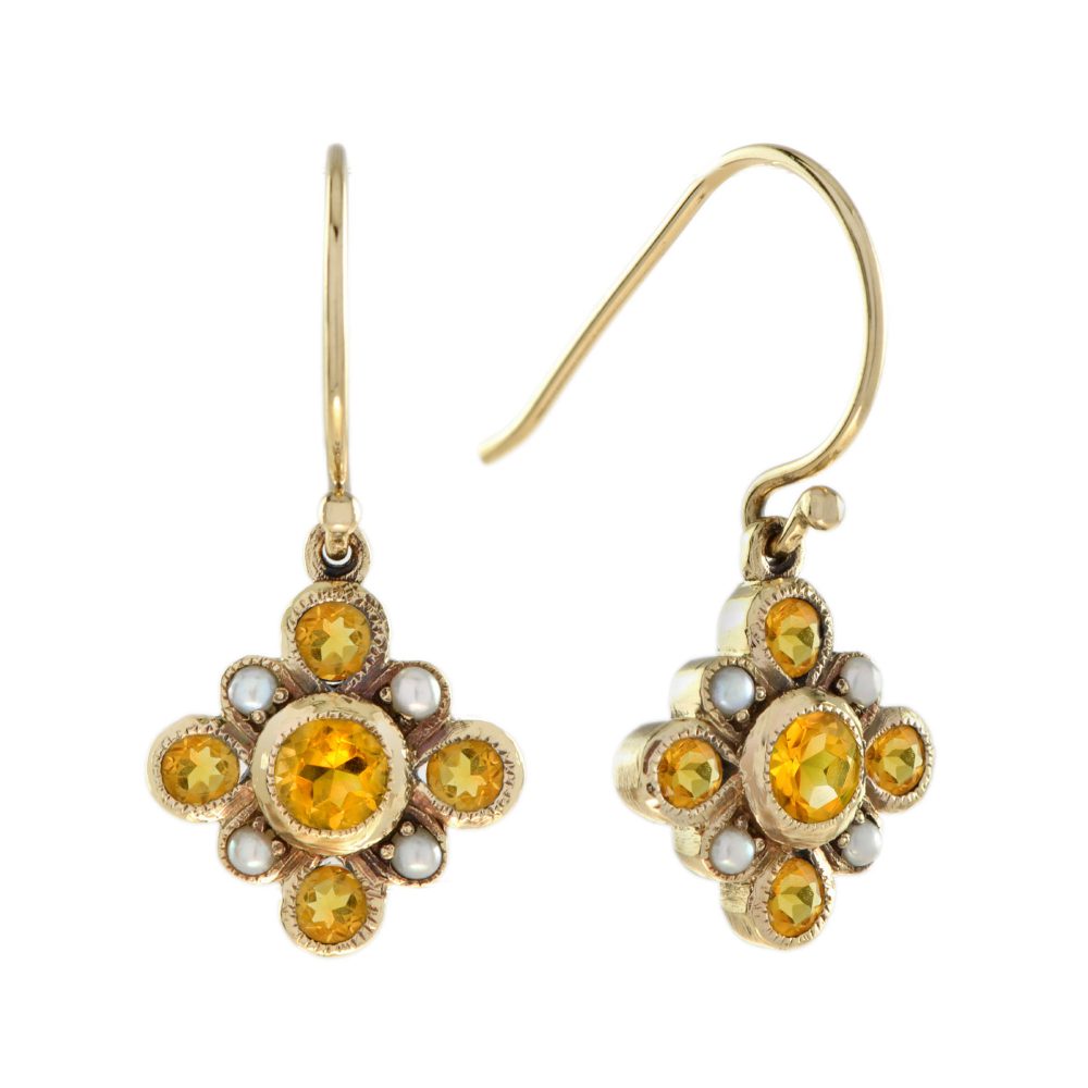 Citrine and Pearl Vintage Style Cluster Drop Earrings
