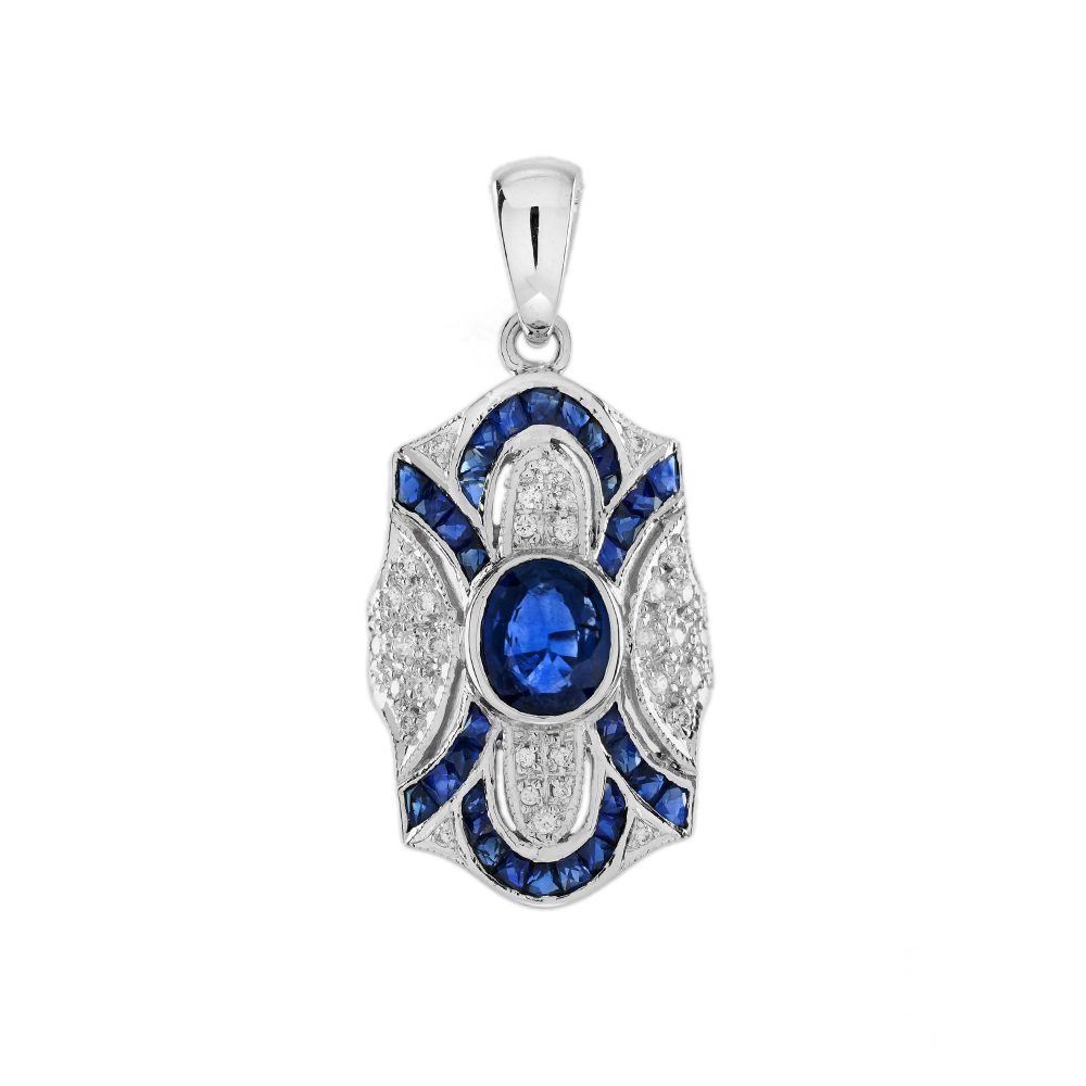 Oval Blue Sapphire Diamond Art Deco Style Pendant