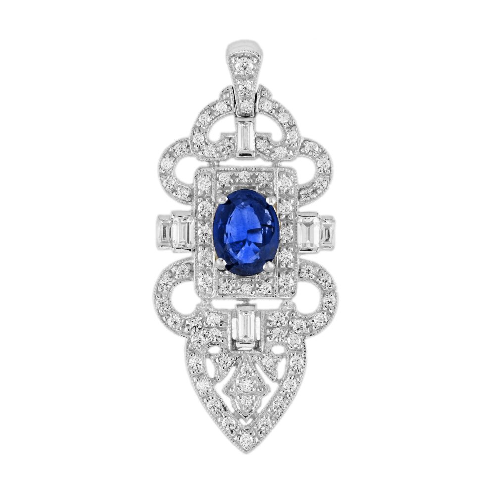 Blue Sapphire Diamond Art Deco Style Elegance Pendant