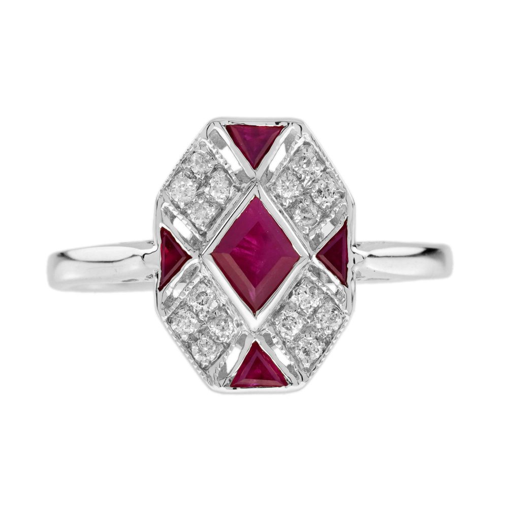 Rhombus Ruby and Diamond Art Deco Style Ring
