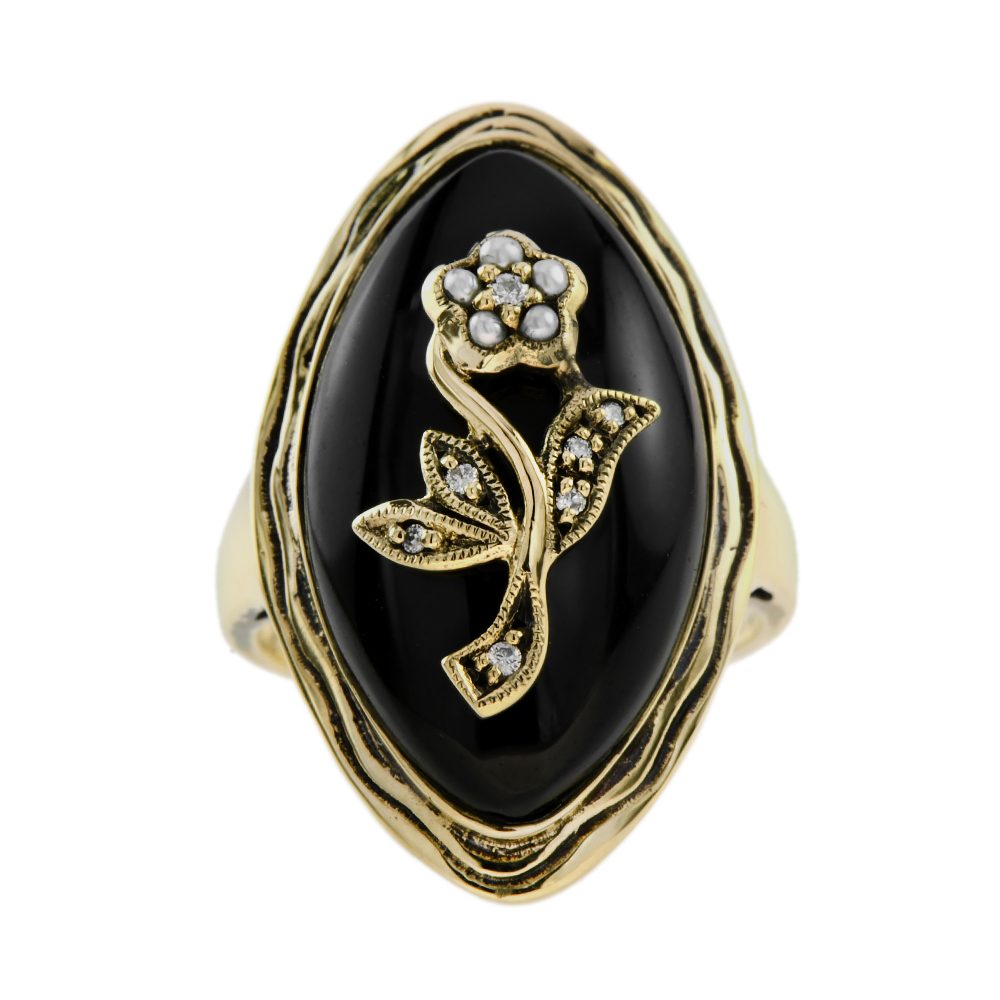 Diamond Pearl Onyx Flower Antique Style Cocktail Ring