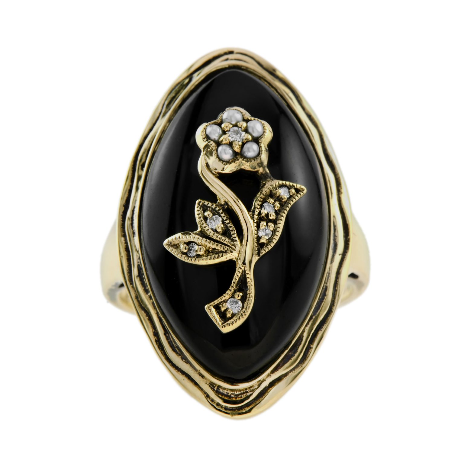 Diamond Pearl Onyx Flower Antique Style Cocktail Ring