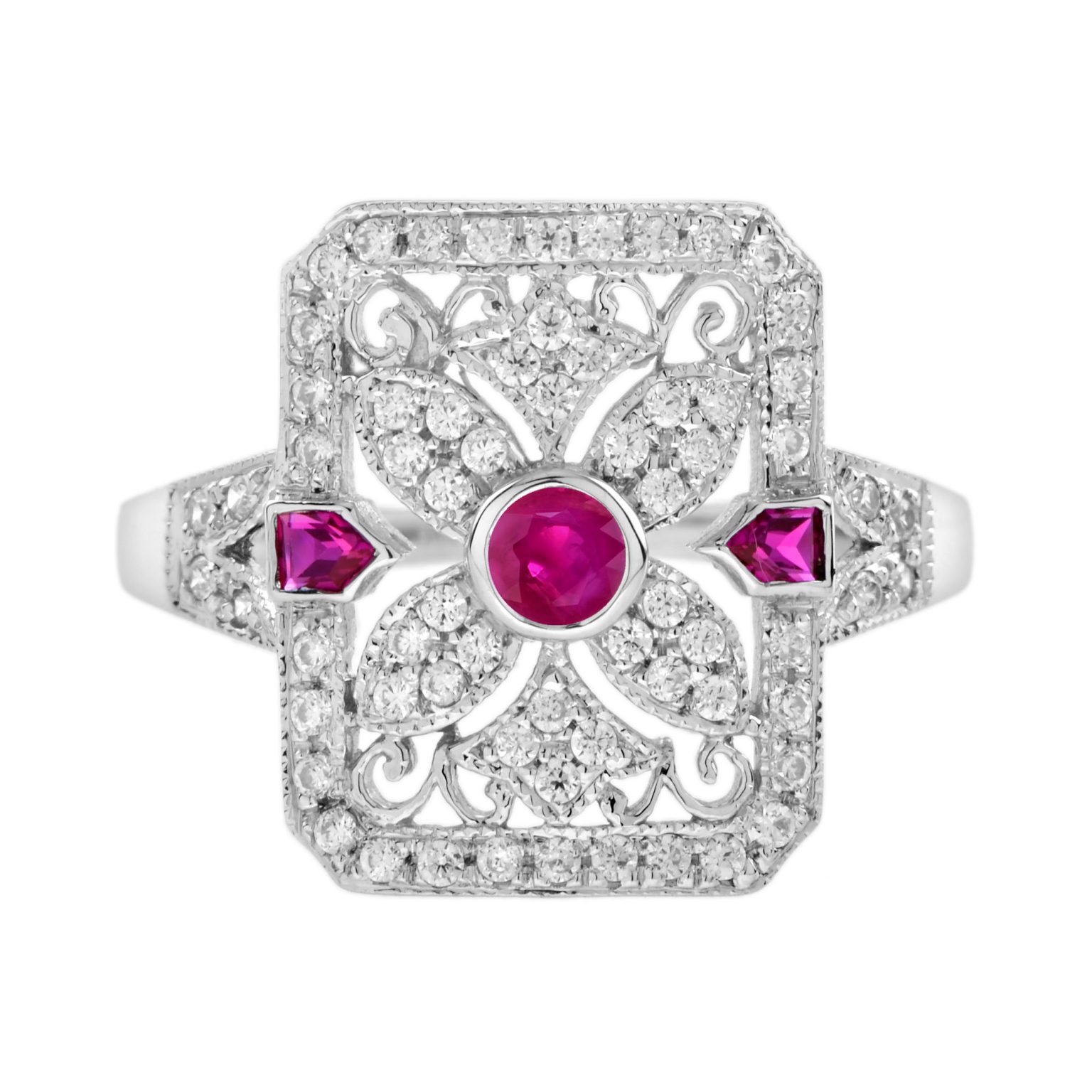 Ruby and Diamond Art Deco Style Filigree Ring