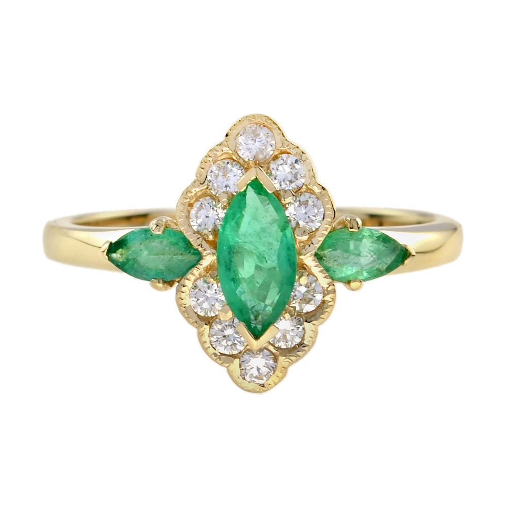 Emerald and Diamond Art Deco Style Marquise Shape Ring