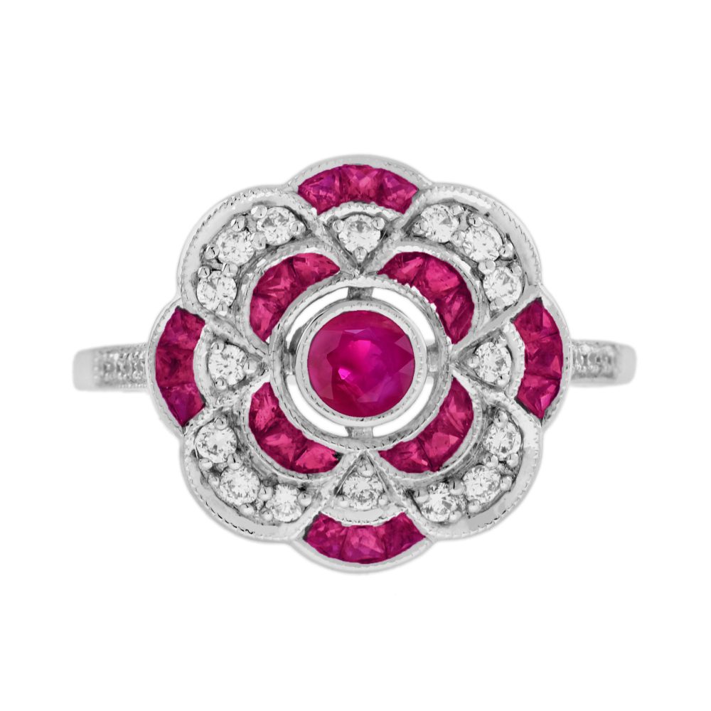 Ruby and Diamond Art Deco Style Floral Cluster Ring
