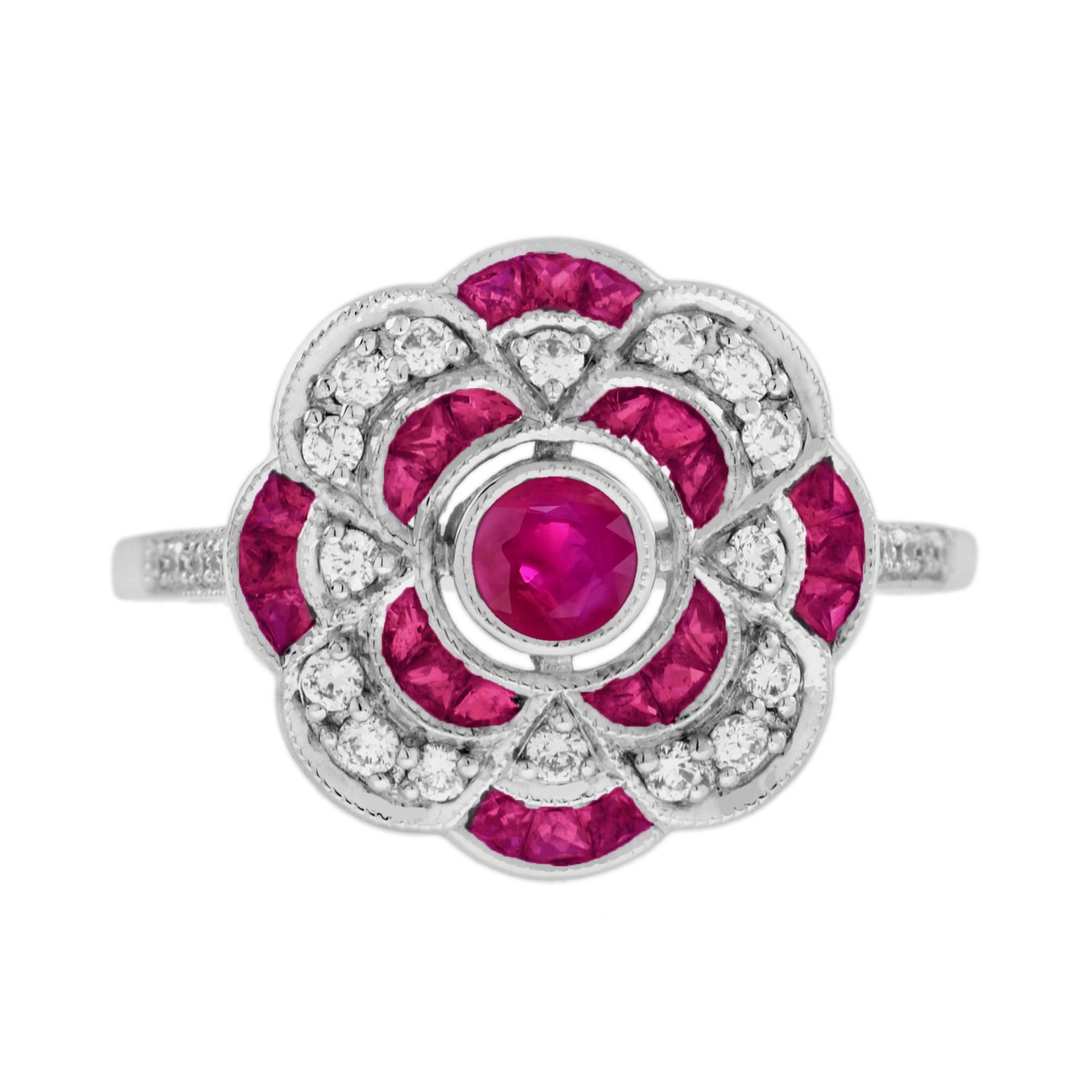 Ruby and Diamond Art Deco Style Floral Cluster Ring