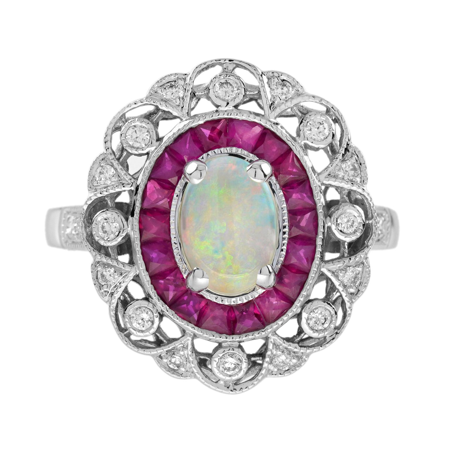 Opal Ruby Diamond Art Deco Style Halo Ring