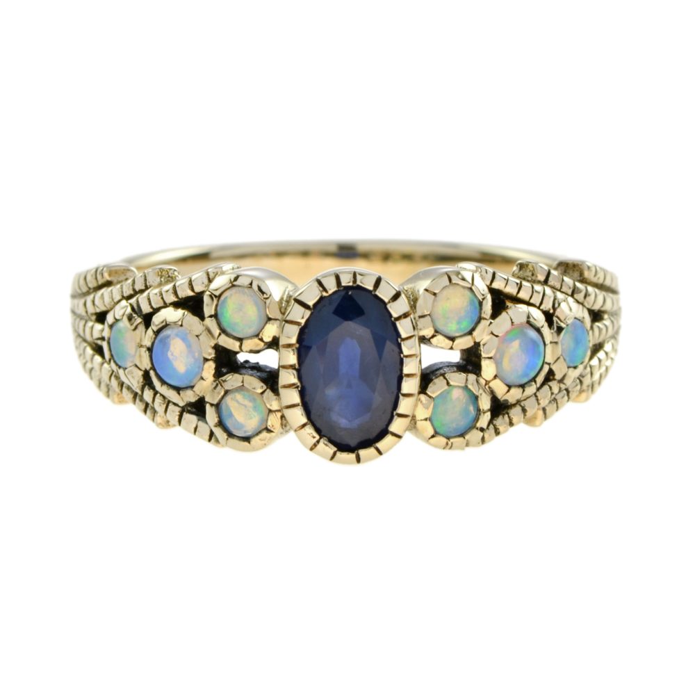 Oval Blue Sapphire and Opal Ring