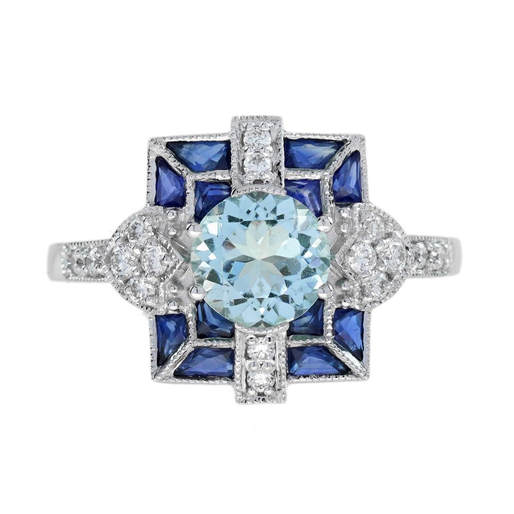 Aquamarine Sapphire Diamond Art Deco Style Ring