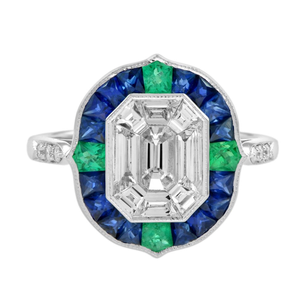 Illusion Setting Diamond with Sapphire Emerald Art Deco Style Ring