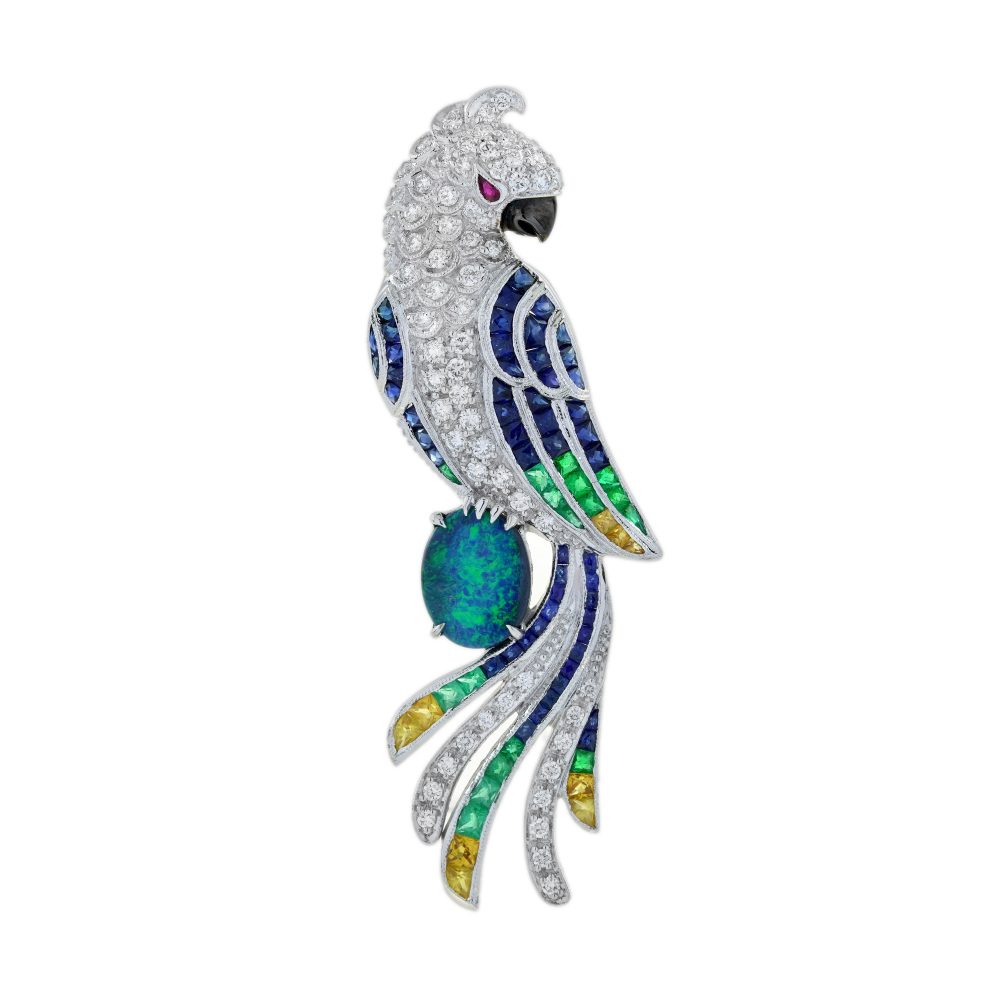 Black Opal and Multi Gemstone Vintage Style Exotic Bird Brooch