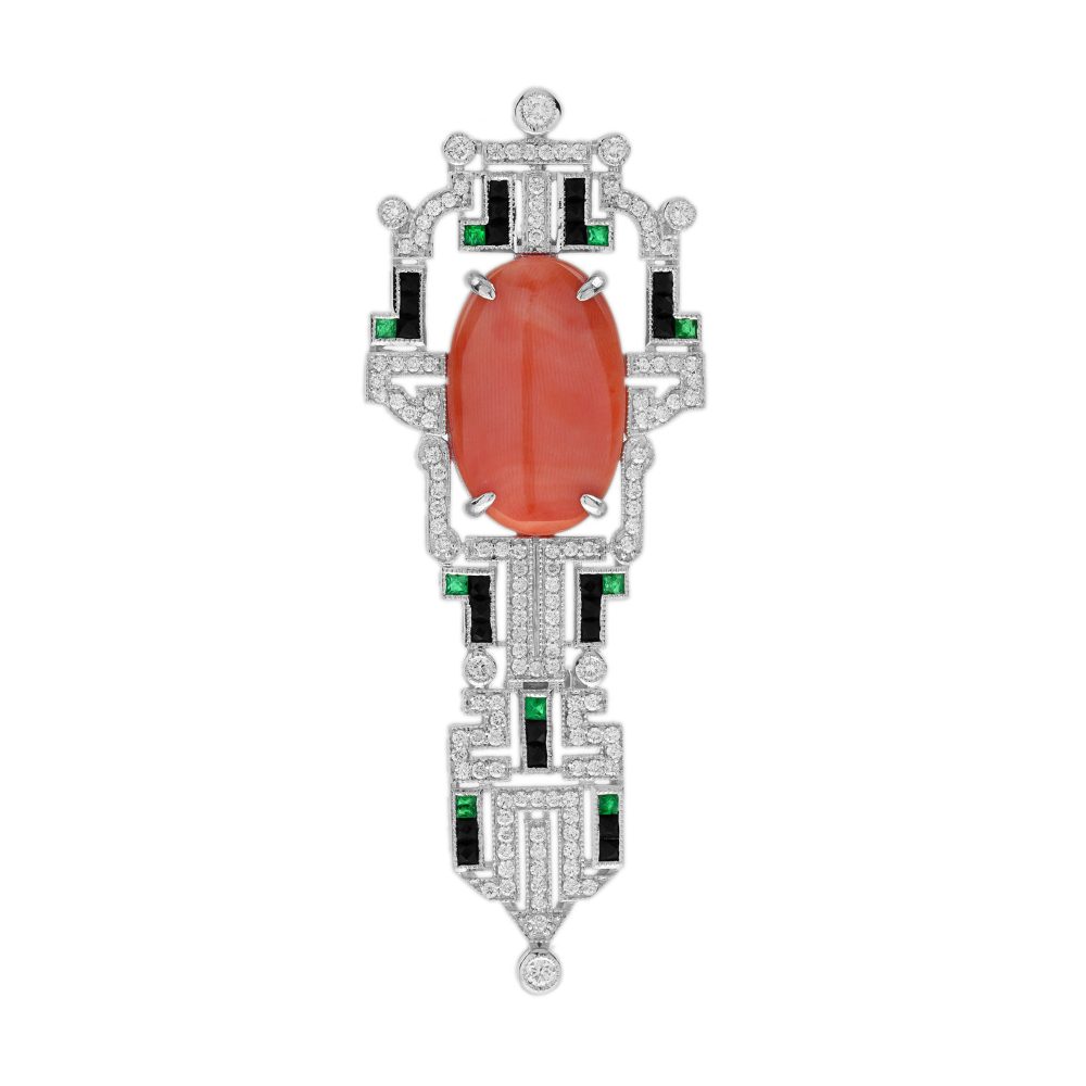 Coral Diamond Onyx Art Deco Style Brooch