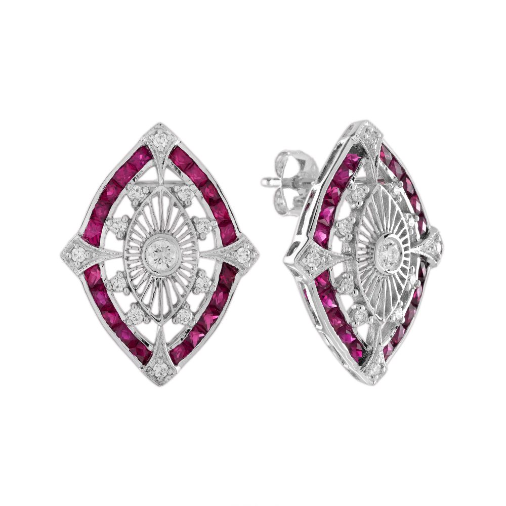 Art Deco Style Diamond and Ruby Marquise Shape Stud Earrings