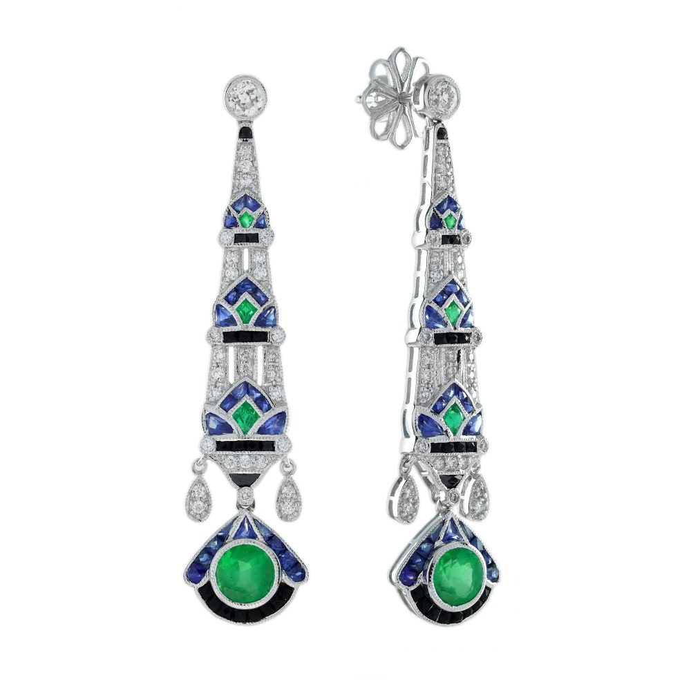 Emerald and Multi Gemstone Art Deco Style Drop Earrings