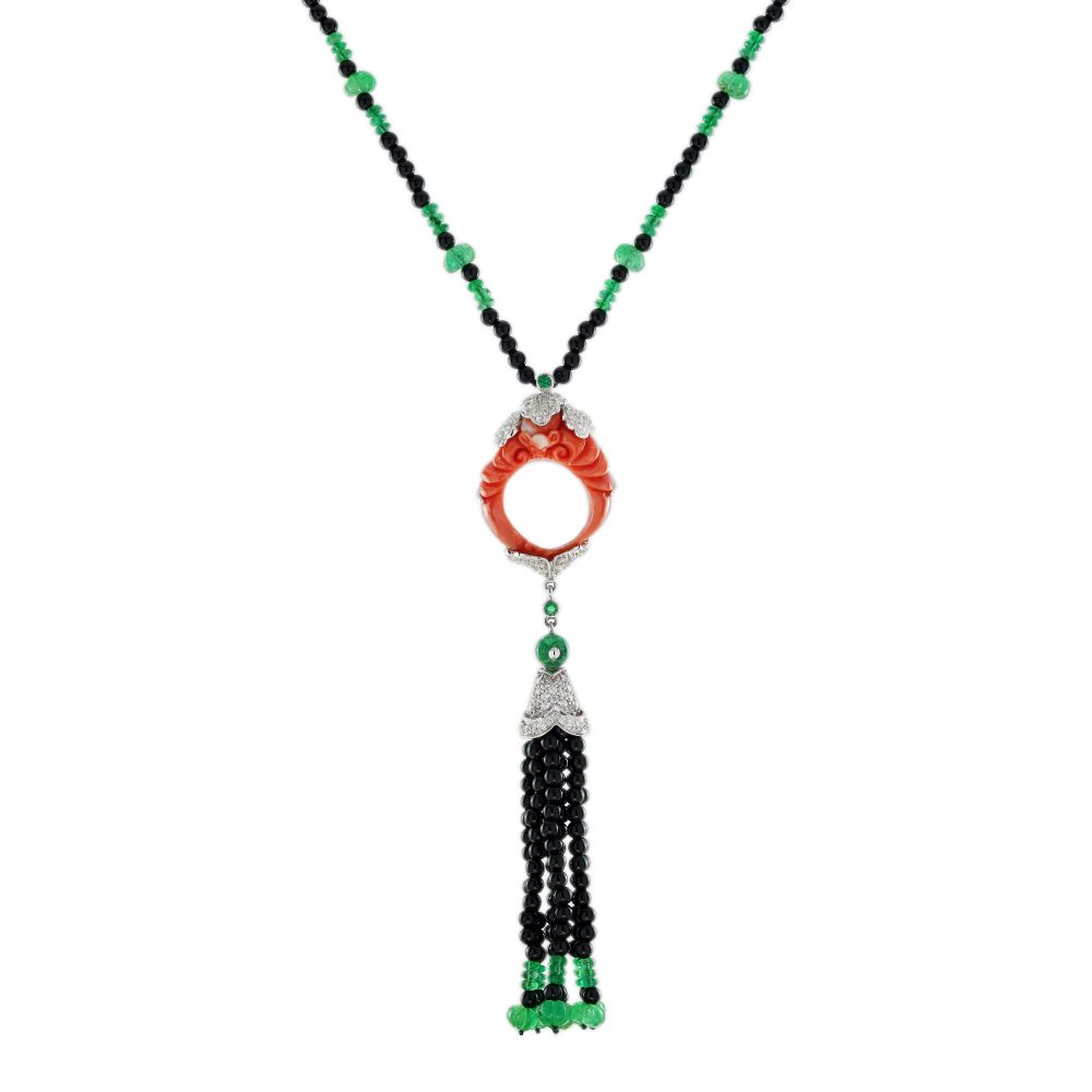 Carved Coral Multi Gemstone Art Deco Style Tassel Necklace