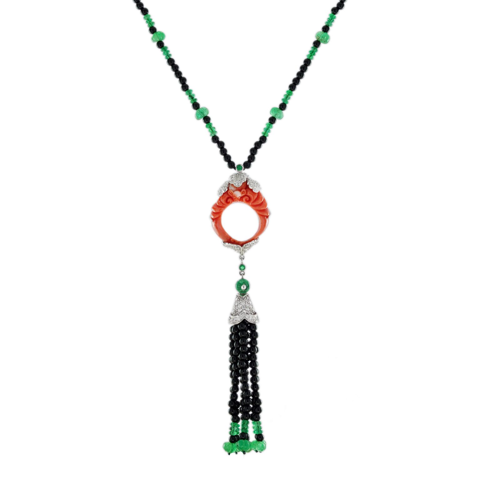 Carved Coral Multi Gemstone Art Deco Style Tassel Necklace