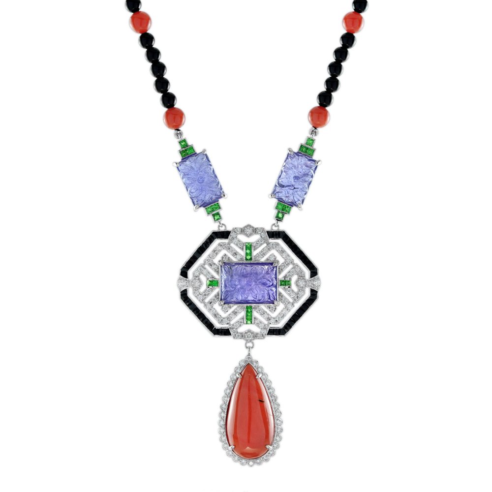 Carved Coral Tanzanite Art Deco Style Necklace
