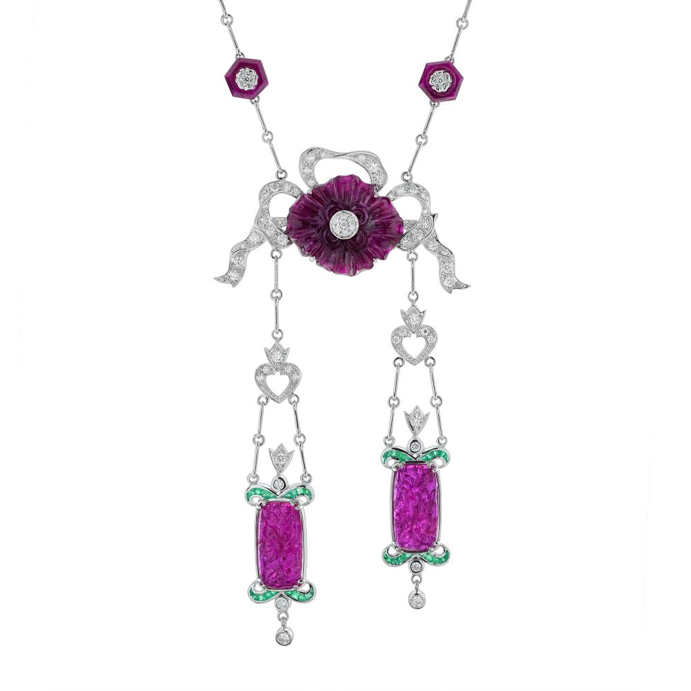 Carved No Heated Ruby Emerald Diamond Necklace