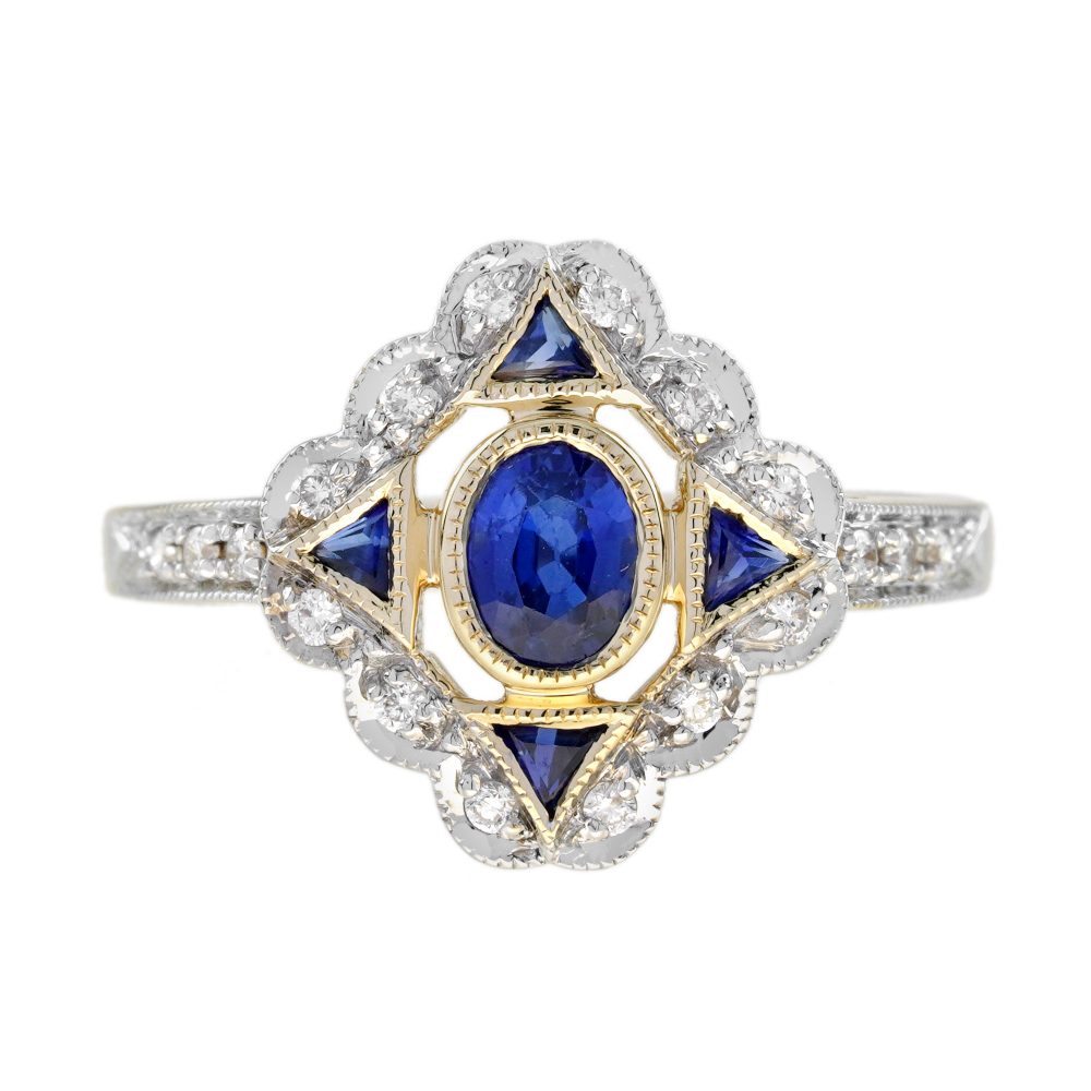 Blue Sapphire and Diamond Art Deco Style Ring