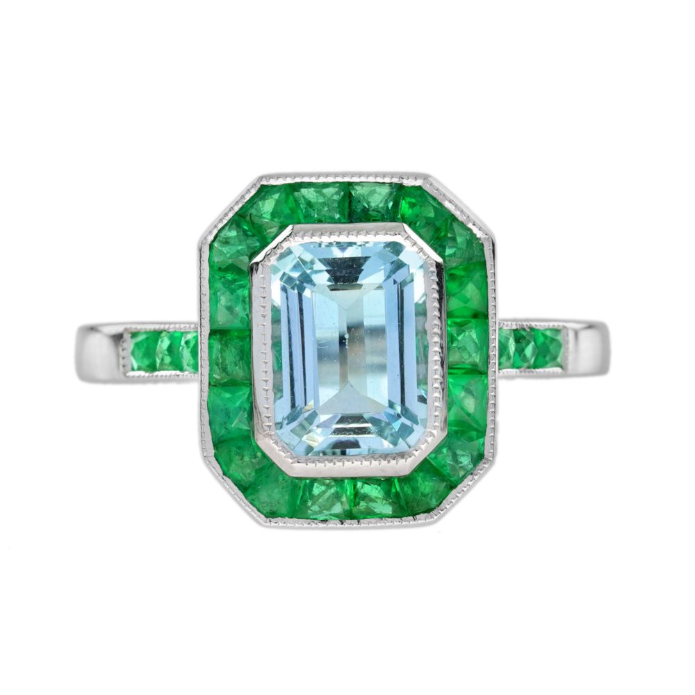 Aquamarine Emerald Art Deco Style Target Engagement Ring