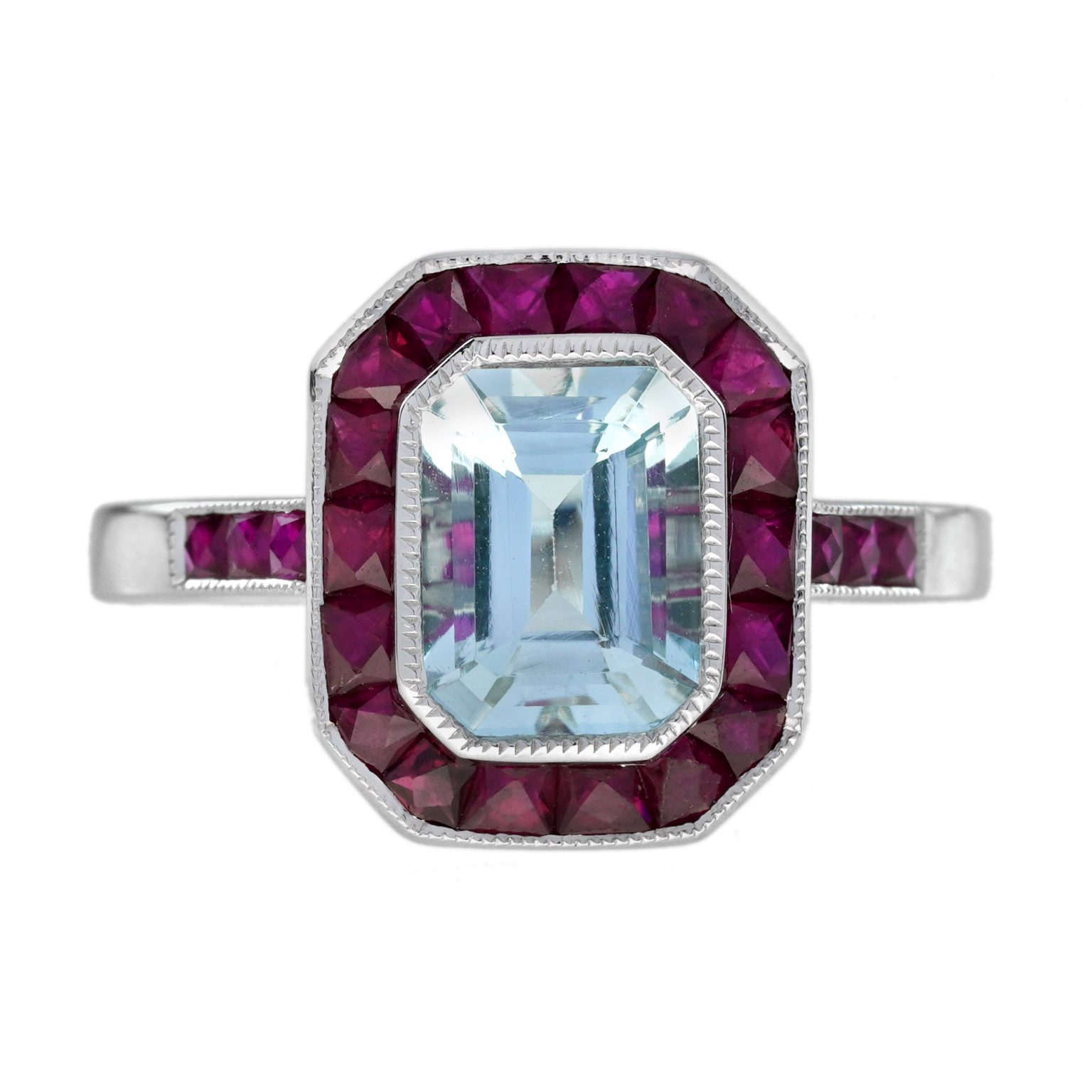 Aquamarine Ruby Art Deco Style Target Engagement Ring