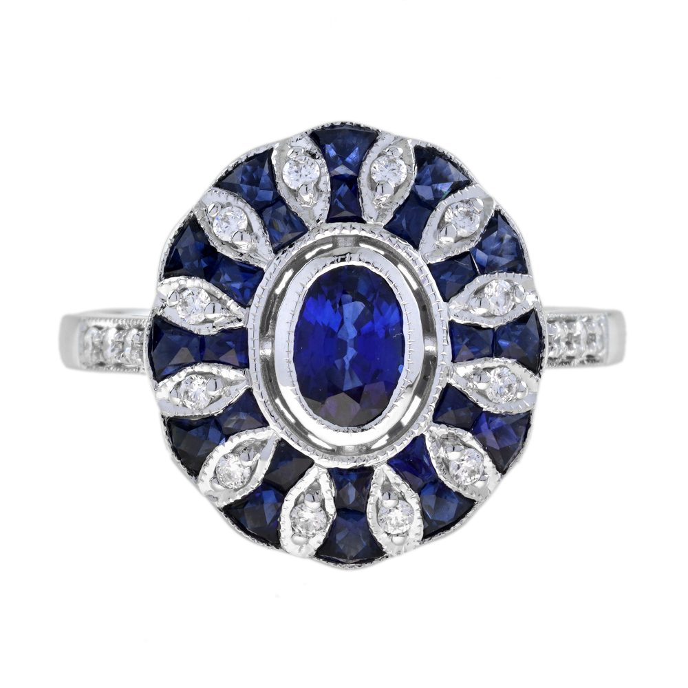 Blue Sapphire Diamond Art Deco Style Halo Ring