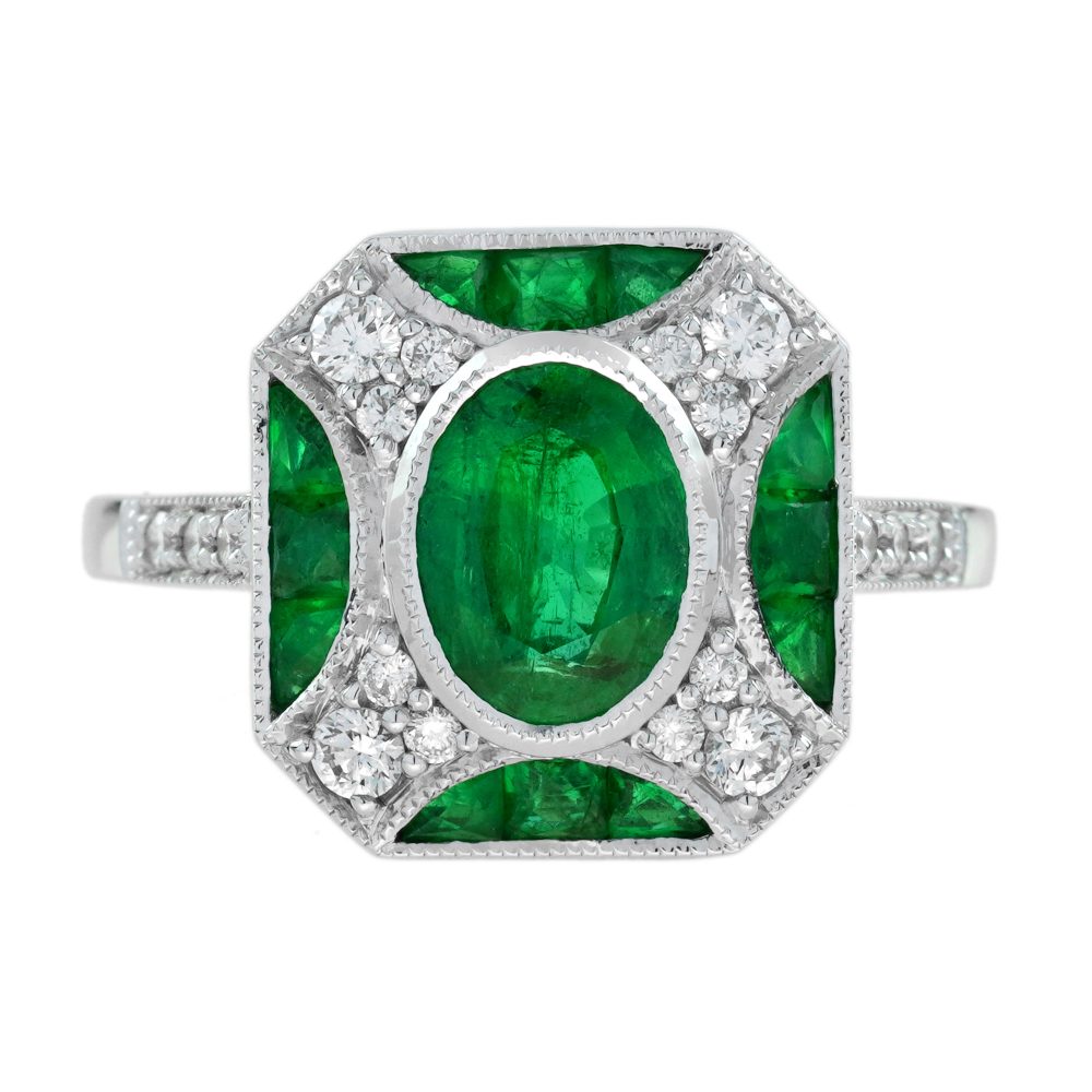 Emerald Diamond Art Deco Style Engagement Ring
