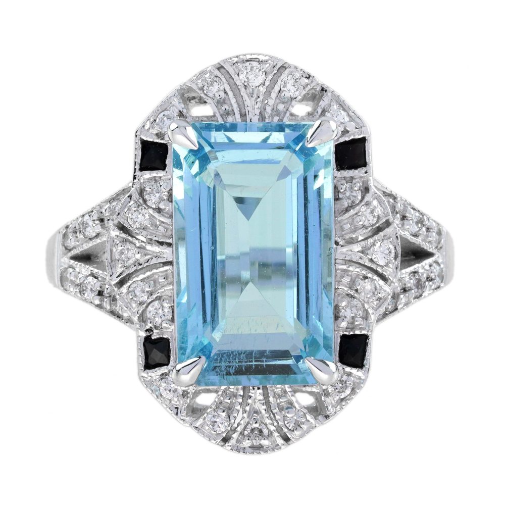 Aquamarine Onyx Diamond Art Deco Style Cocktail Ring