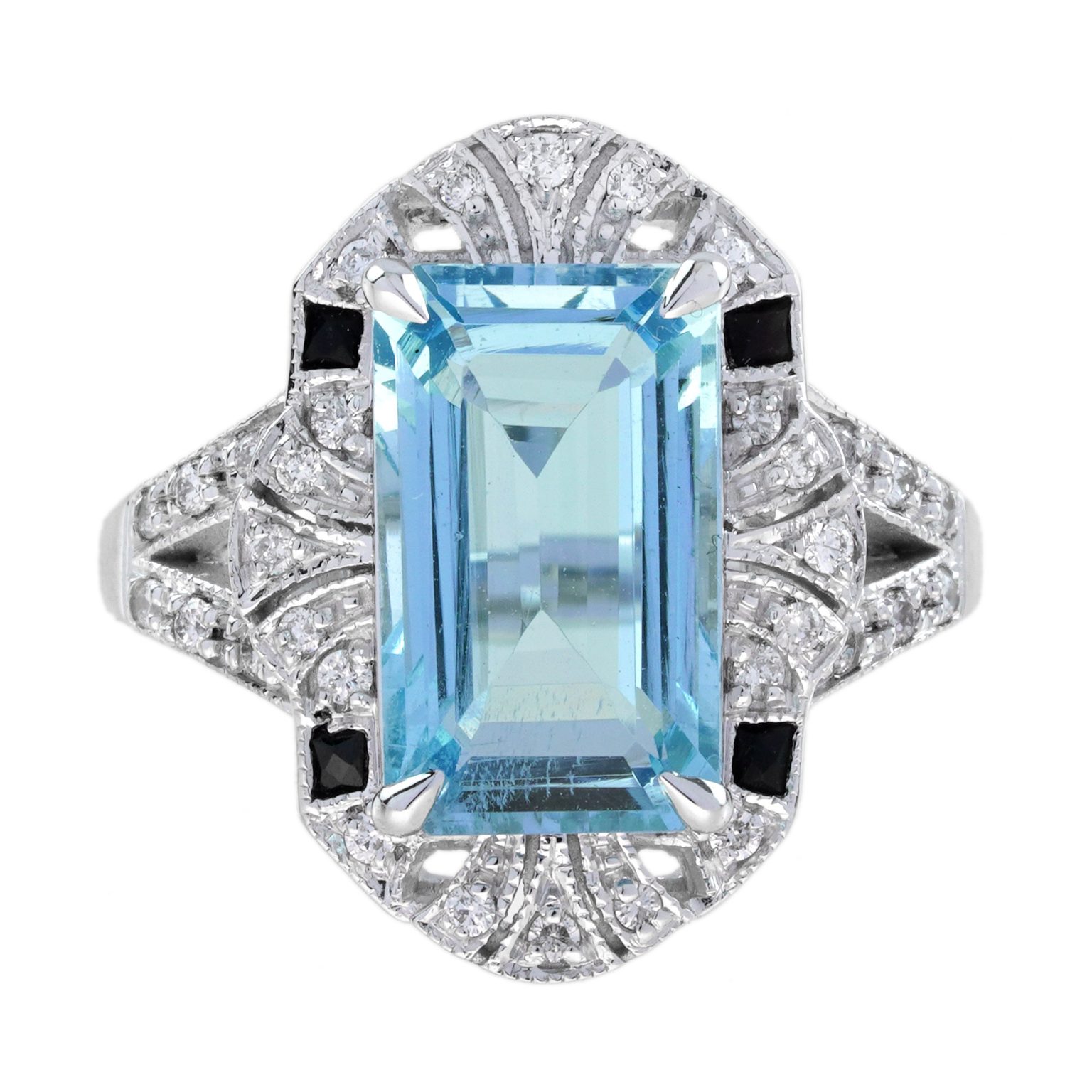 Aquamarine Onyx Diamond Art Deco Style Cocktail Ring