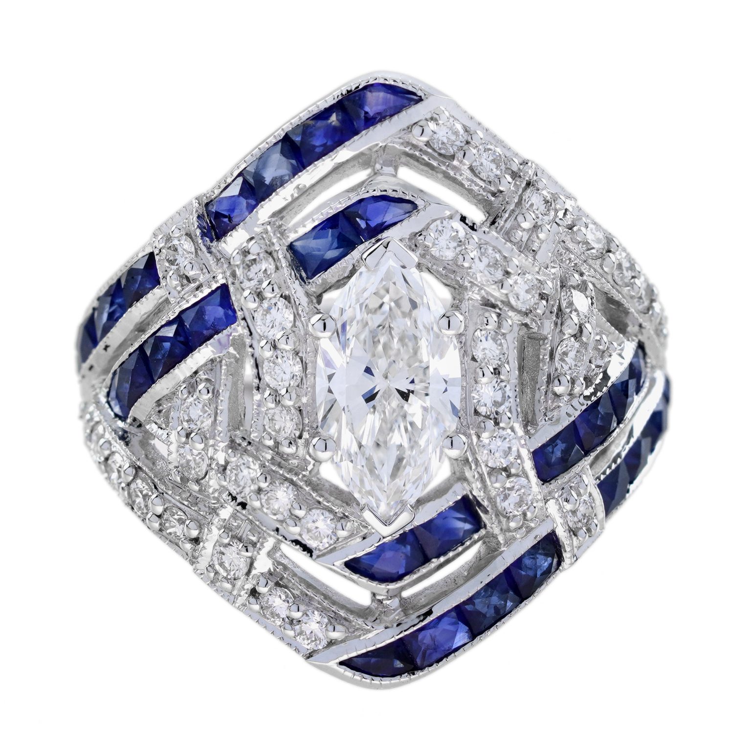 GIA 1 Ct Marquise Diamond Blue Sapphire Art Deco Style Engagement Ring