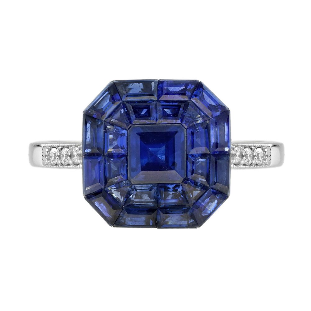 Invisible Set Blue Sapphire and Diamond Art Deco Style Cluster Ring
