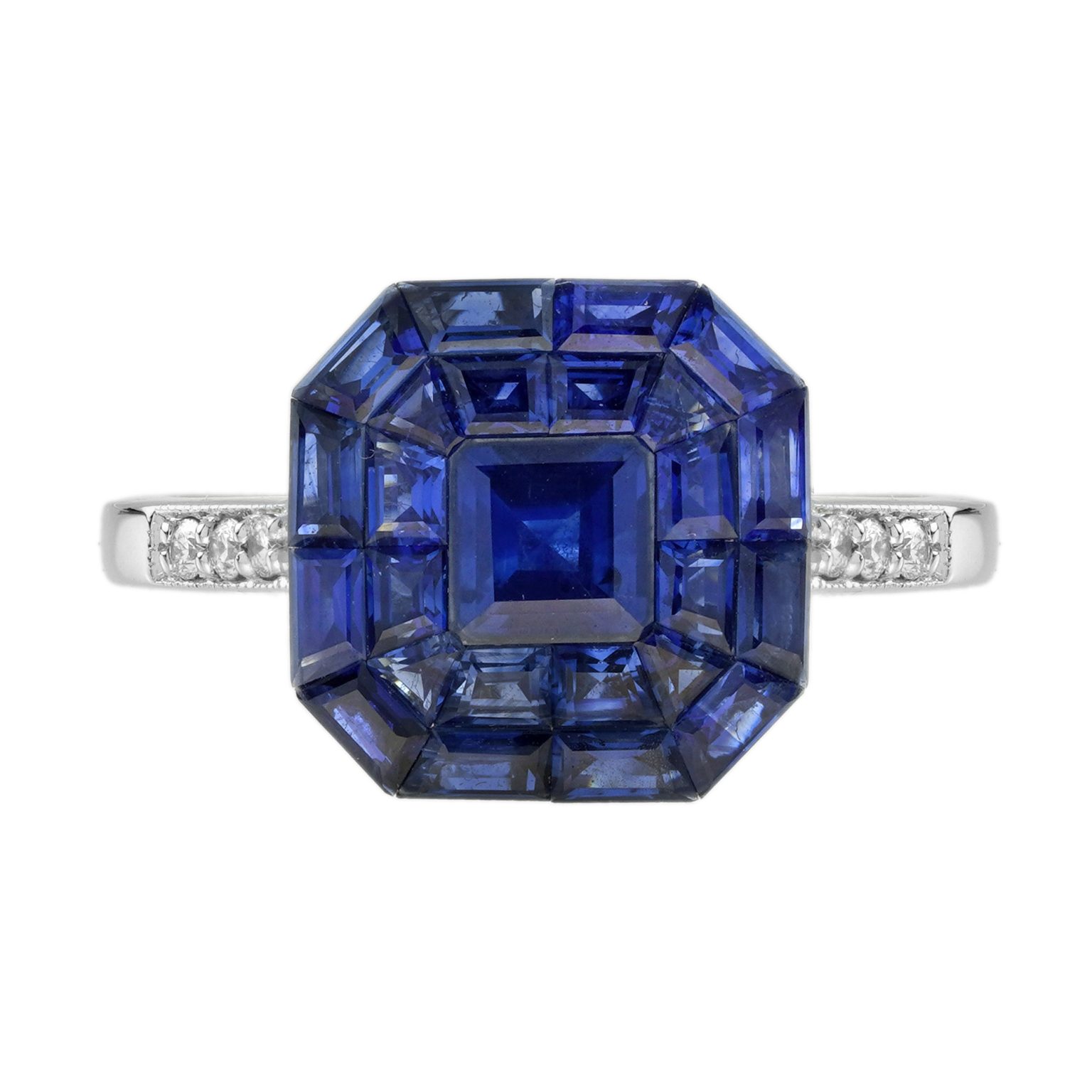 Invisible Set Blue Sapphire and Diamond Art Deco Style Cluster Ring
