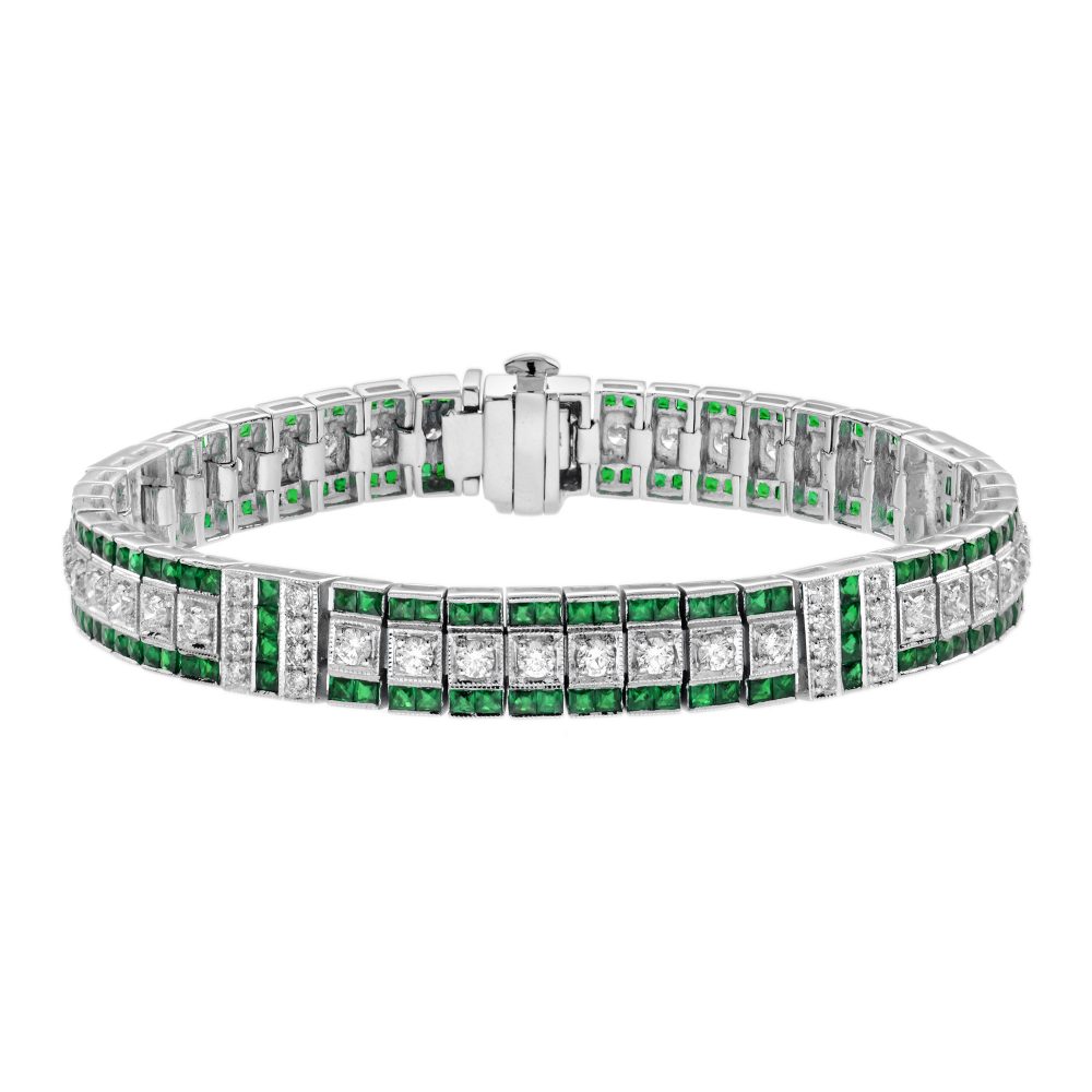 Diamond Emerald Art Deco Style Link Bracelet