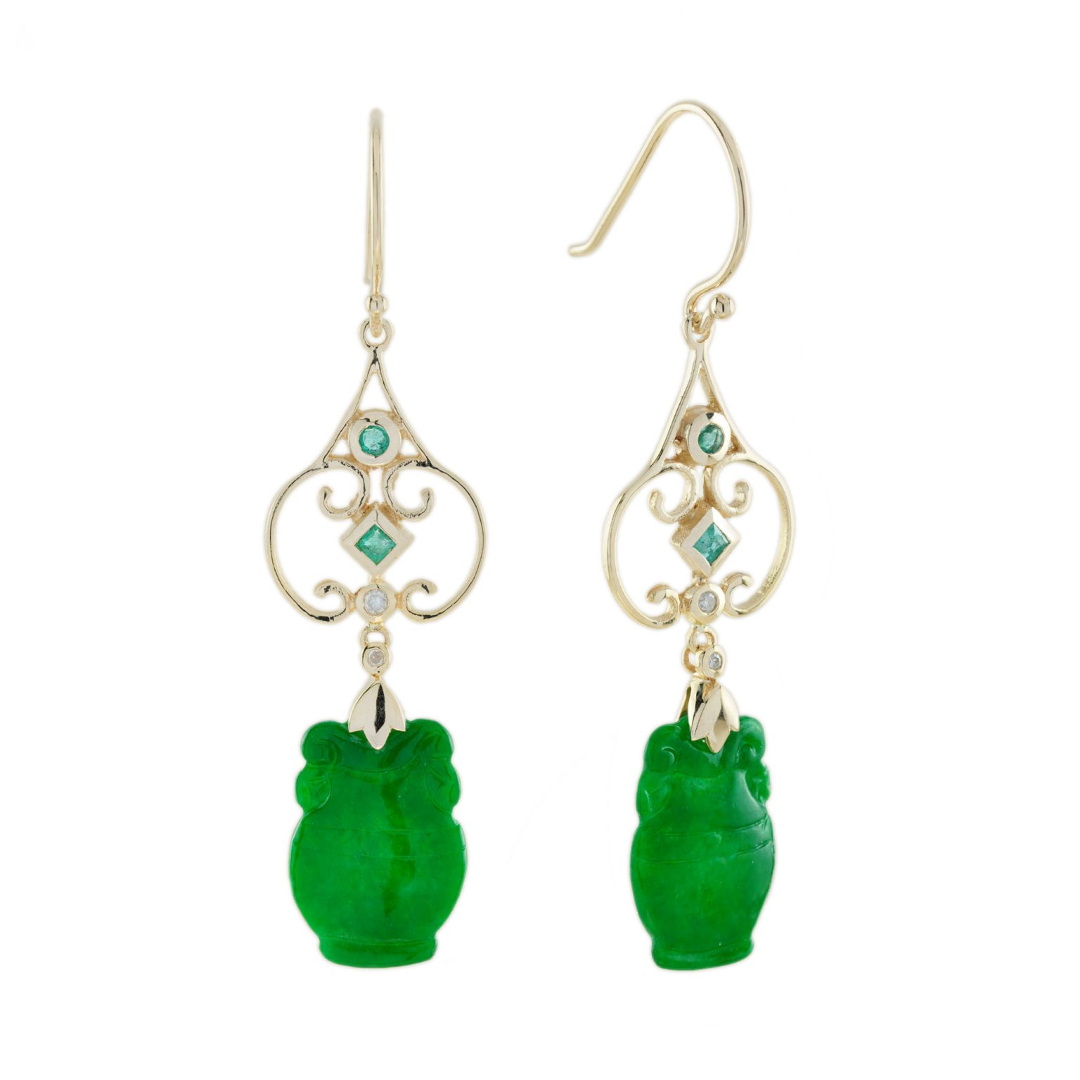 Carved Jade Emerald Diamond Vintage Style Drop Earrings