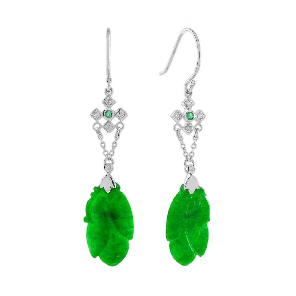 Carved Jade Emerald Diamond Vintage Style Drop Earrings