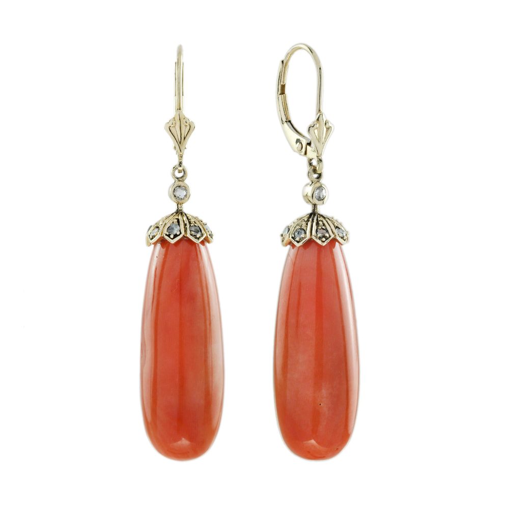 44.95 Ct. Coral Rose Cut Diamond Vintage Style Drop Earrings