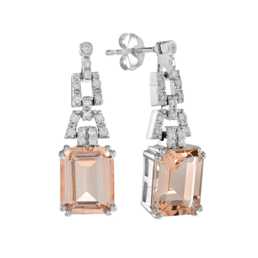 Emerald Cut Morganite and Diamond Drop Earrings
