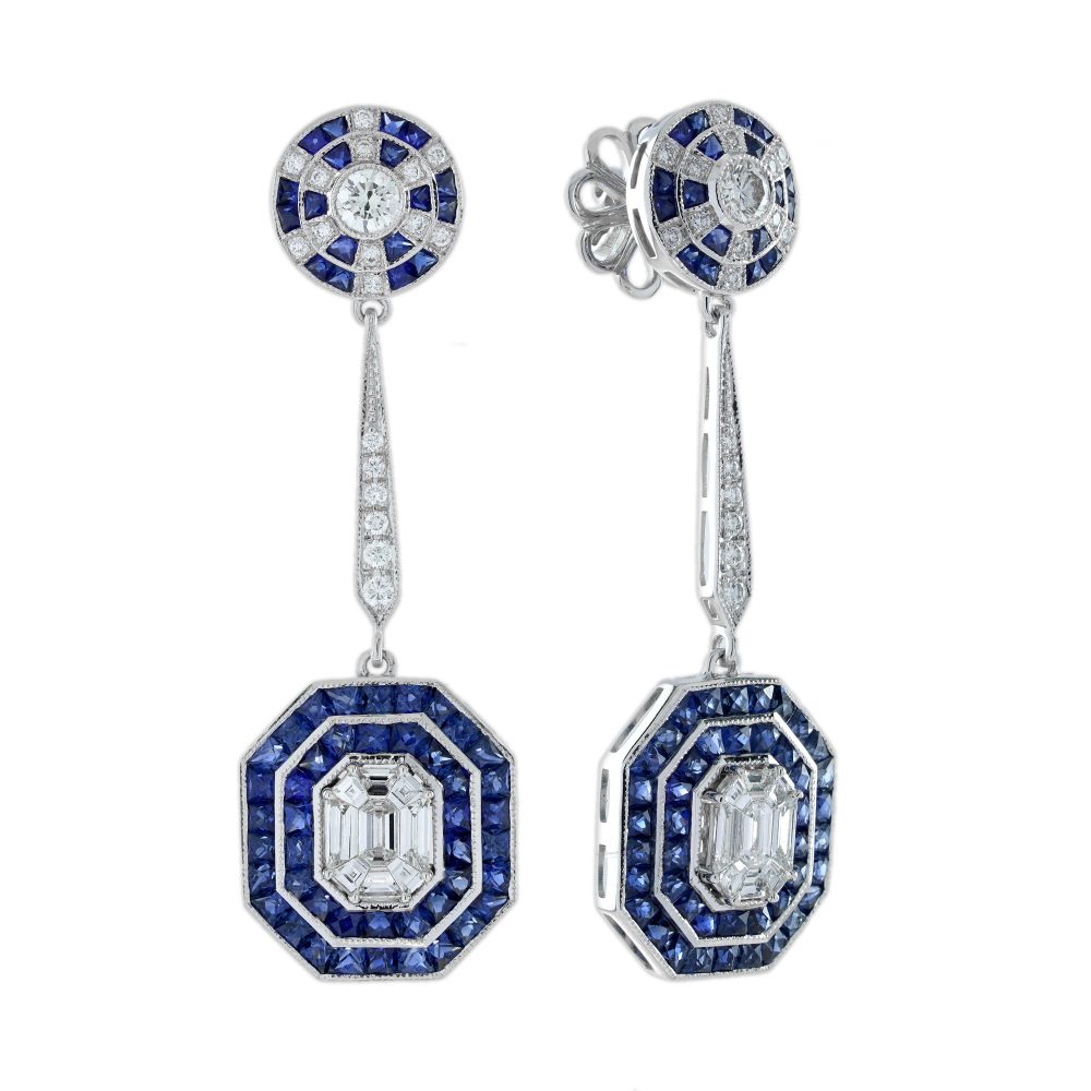 Diamond Illusion Set Blue Sapphire Art Deco Style Drop Earrings